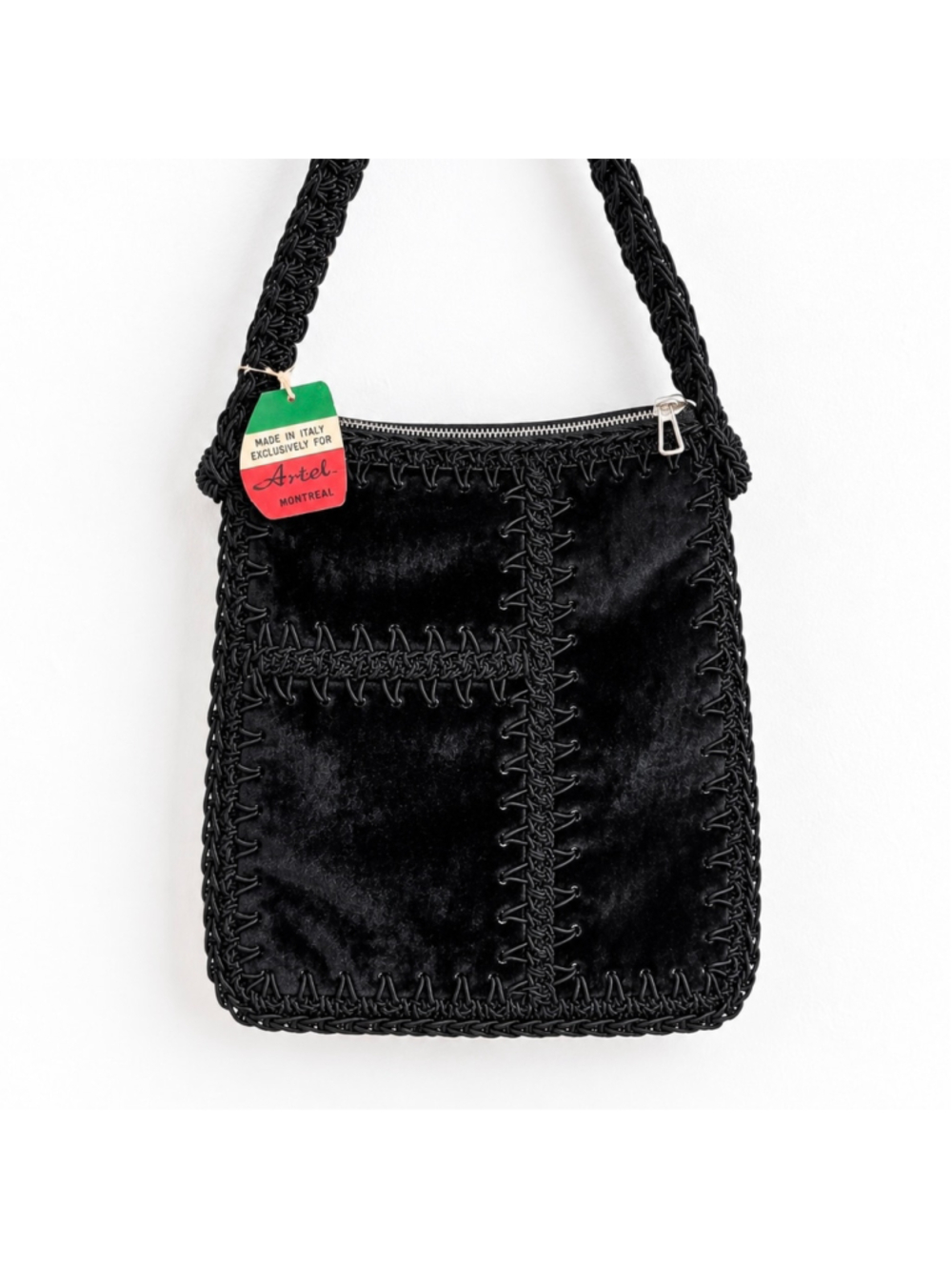 1960s Vintage Artel Montreal Handbag Made in Italy Black Crochet Crushed Velvet